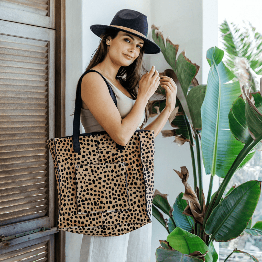 Thandana Faux Fur Print Leather Tote Handbag